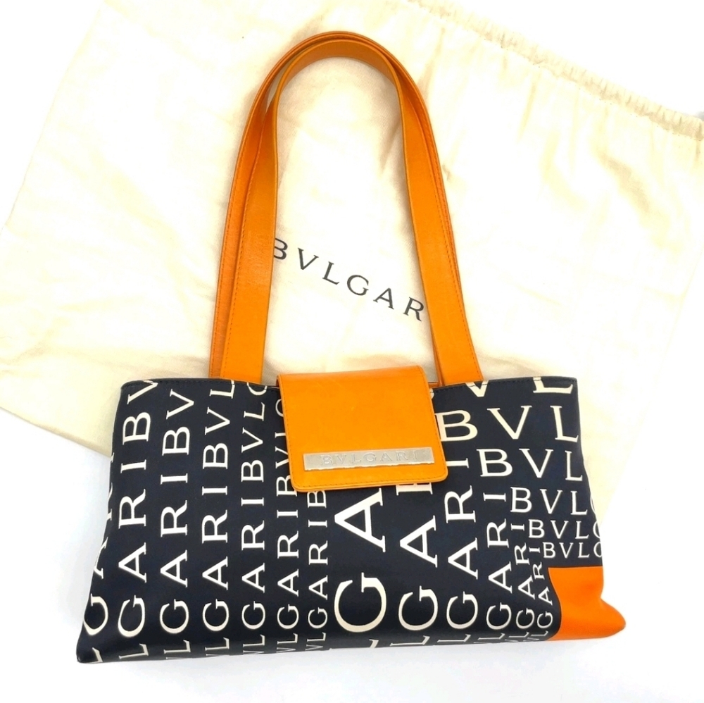 Auth Bvlgari Logomania Black Ivory Light Brown Nylon LeatherHandbag W/D